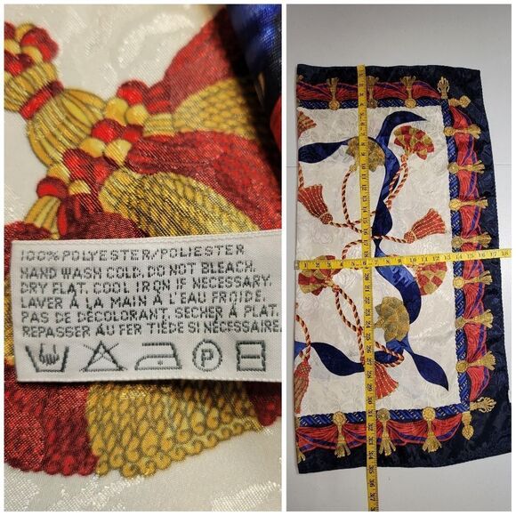 Liz Claiborne Satin Jacquard Nautical Tassel Motif Navy Blue and Red Scarf 80's - Picture 10 of 10